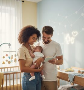 Parents with their newborn baby at the baby's room where there is the baby's crib and toys