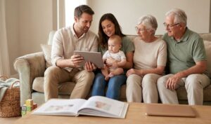 complete older members of the family sitting in a couch with their baby