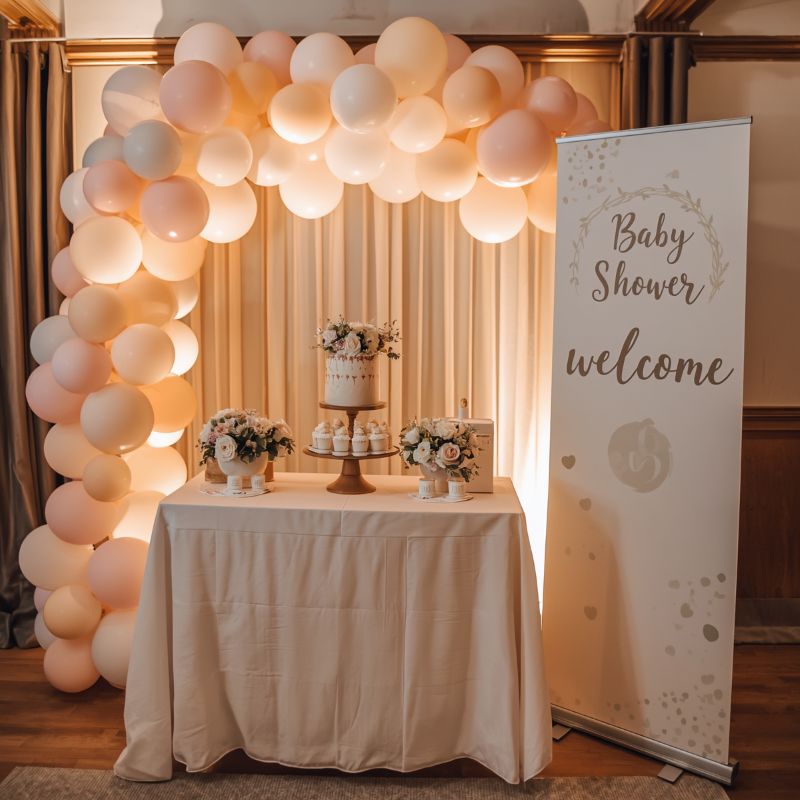 baby shower set up with retractable banner